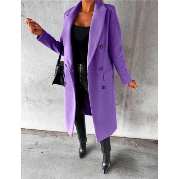 Womens Long Wool Coat Double Breasted Trench Coat Purple - Picture 2 of 4